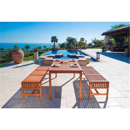 Malibu Outdoor 3-Piece Wood Patio Dining Set With Backless Bench